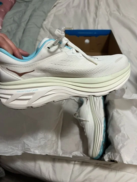 Hoka White Running Shoes with Light Blue and Rose Gold Accents - Picture 6 of 9